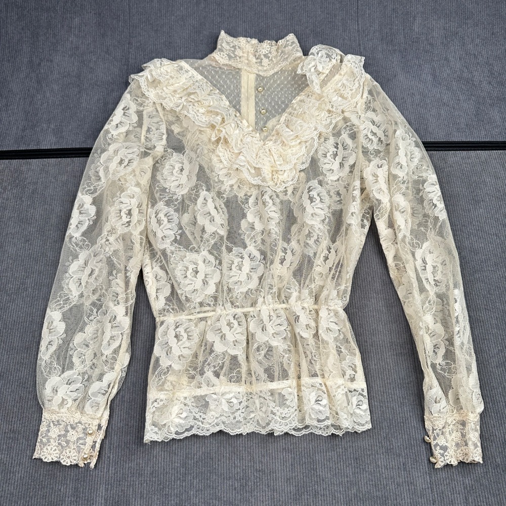 Vintage Capriccio Sheer Floral Lace Ruffle Blouse Ivory Victorian Peplum y2k Top